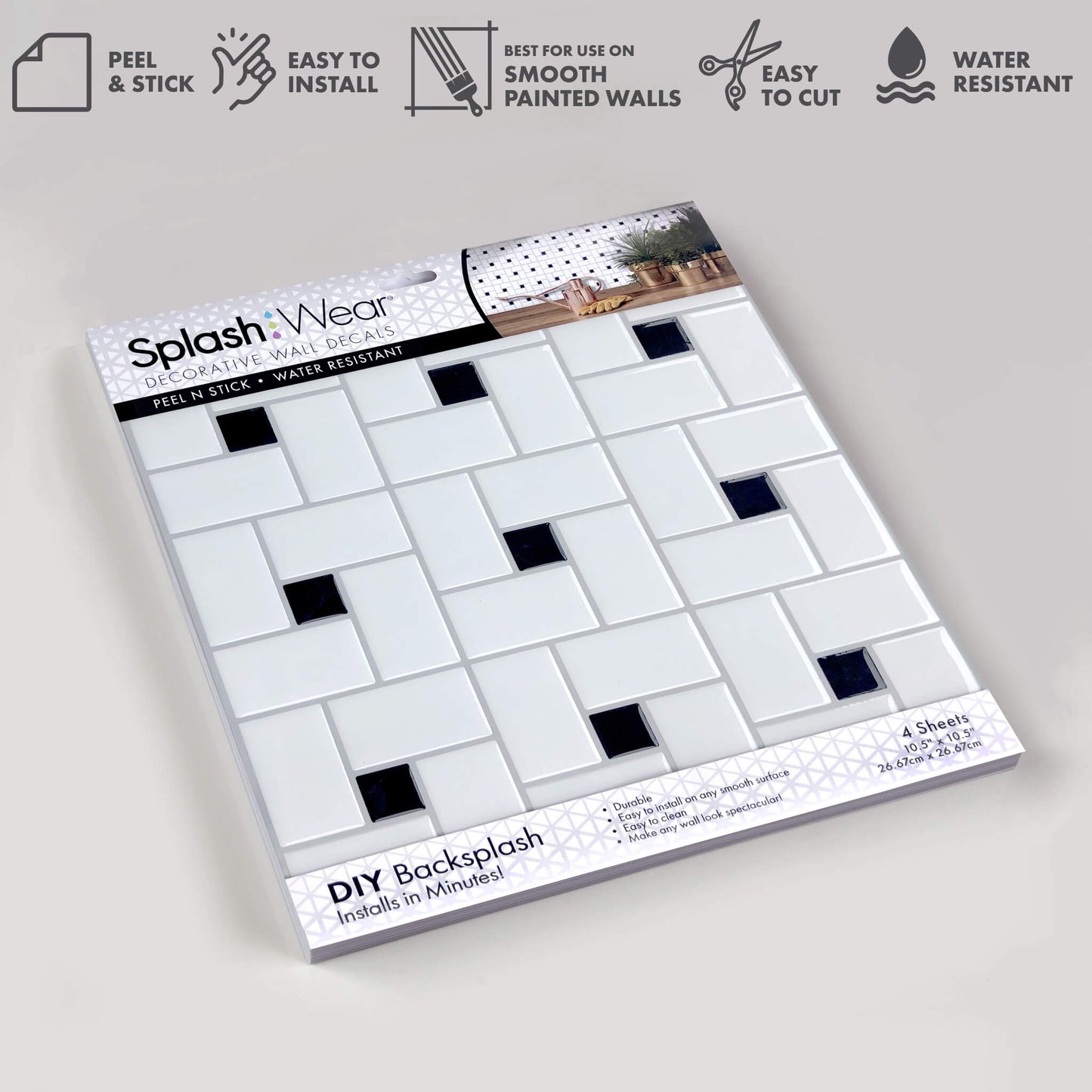 Country White Black – Peel and Stick Backsplash Tile 10.5x10.5" in Sculpted Basket Weave Design