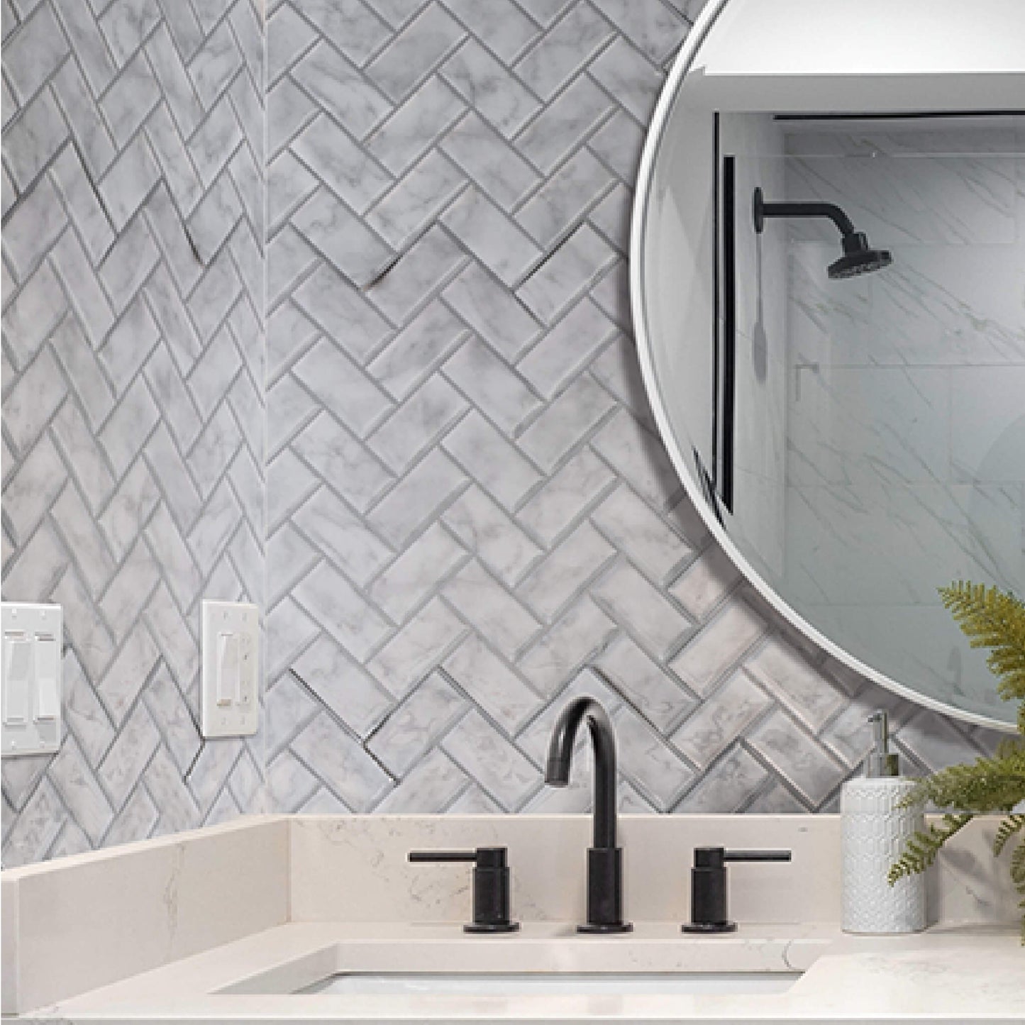 Marble Herringbone Backsplash