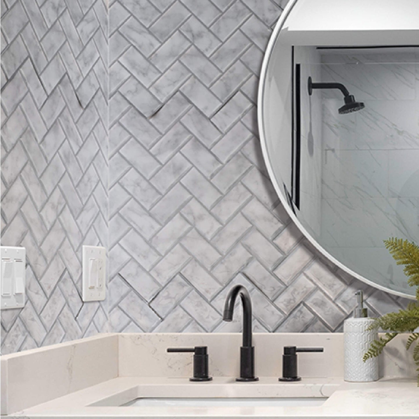 Marble Herringbone – Peel and Stick Backsplash Tile in Sculpted Faux Marble Finish
