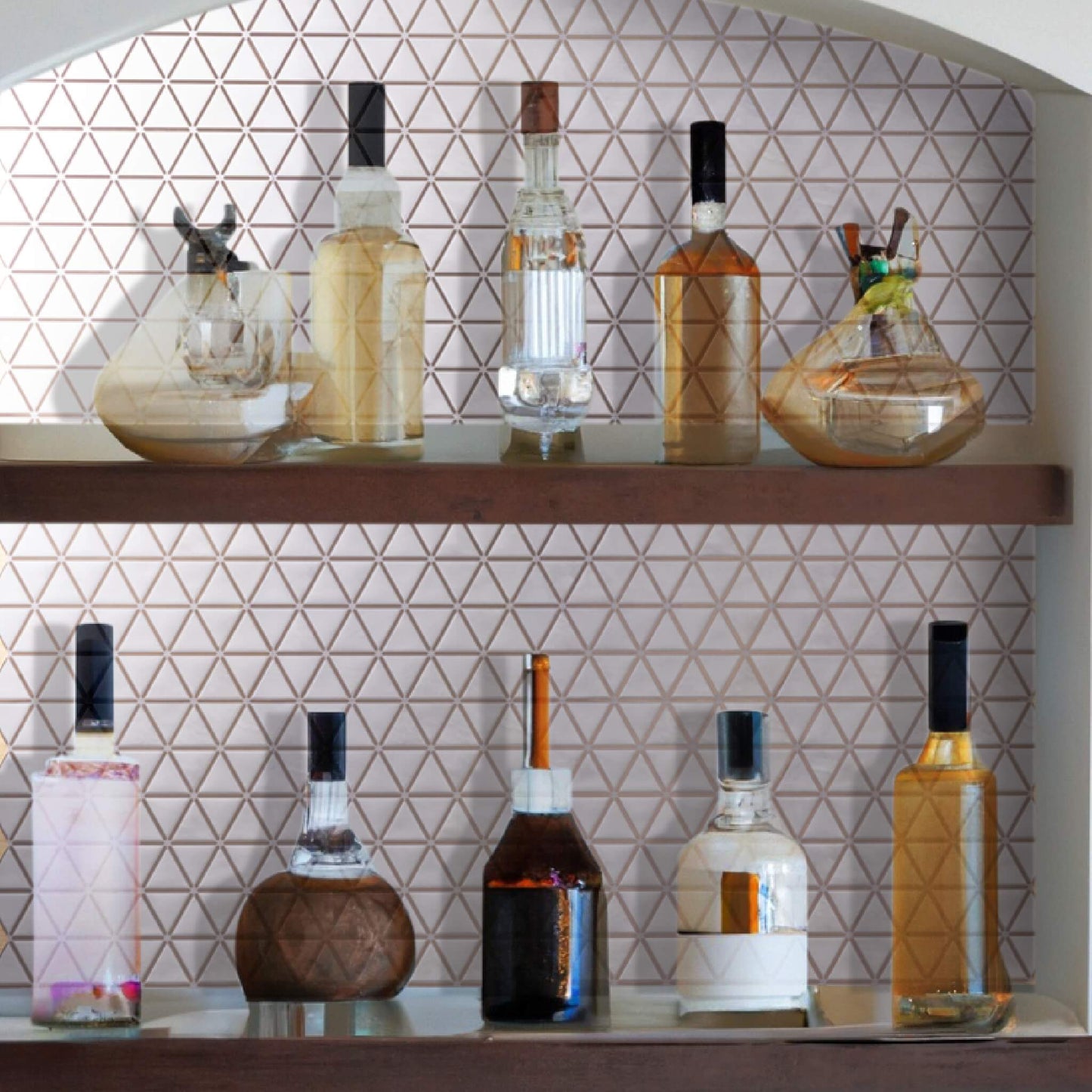 Rose Gold Triangles – Peel and Stick Wall Tile 8x8" in Faux Marble and Metallic Finish