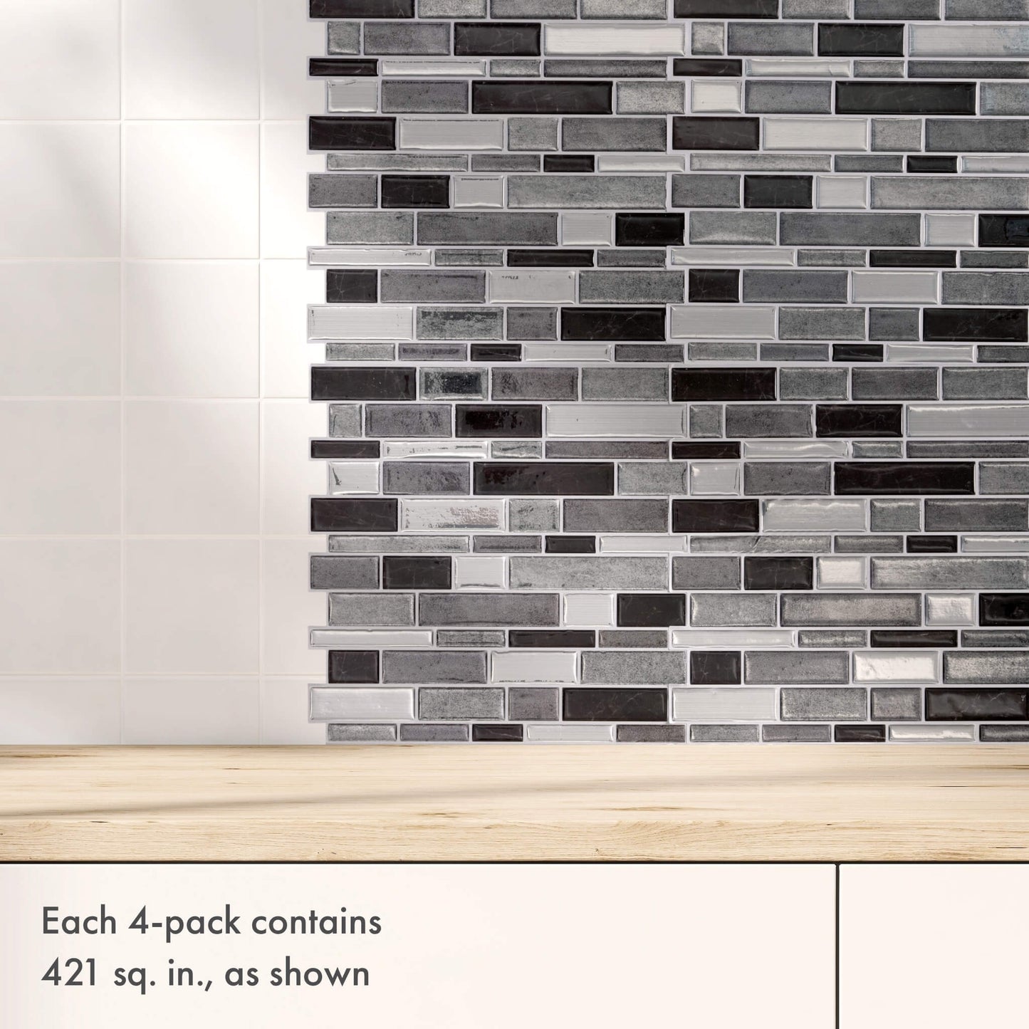 Silver and Black Mosaic – Peel and Stick Backsplash Tile 10.5x10.5" in Sculpted Metallic Finish