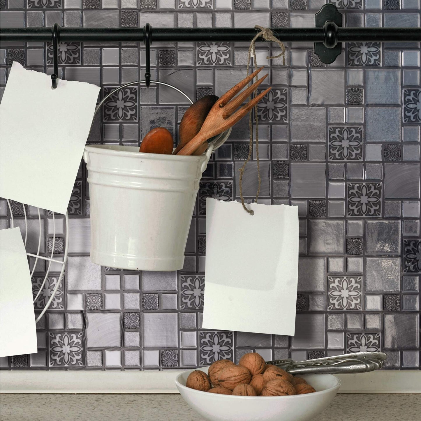 Silver Mosaic Squares Backsplash