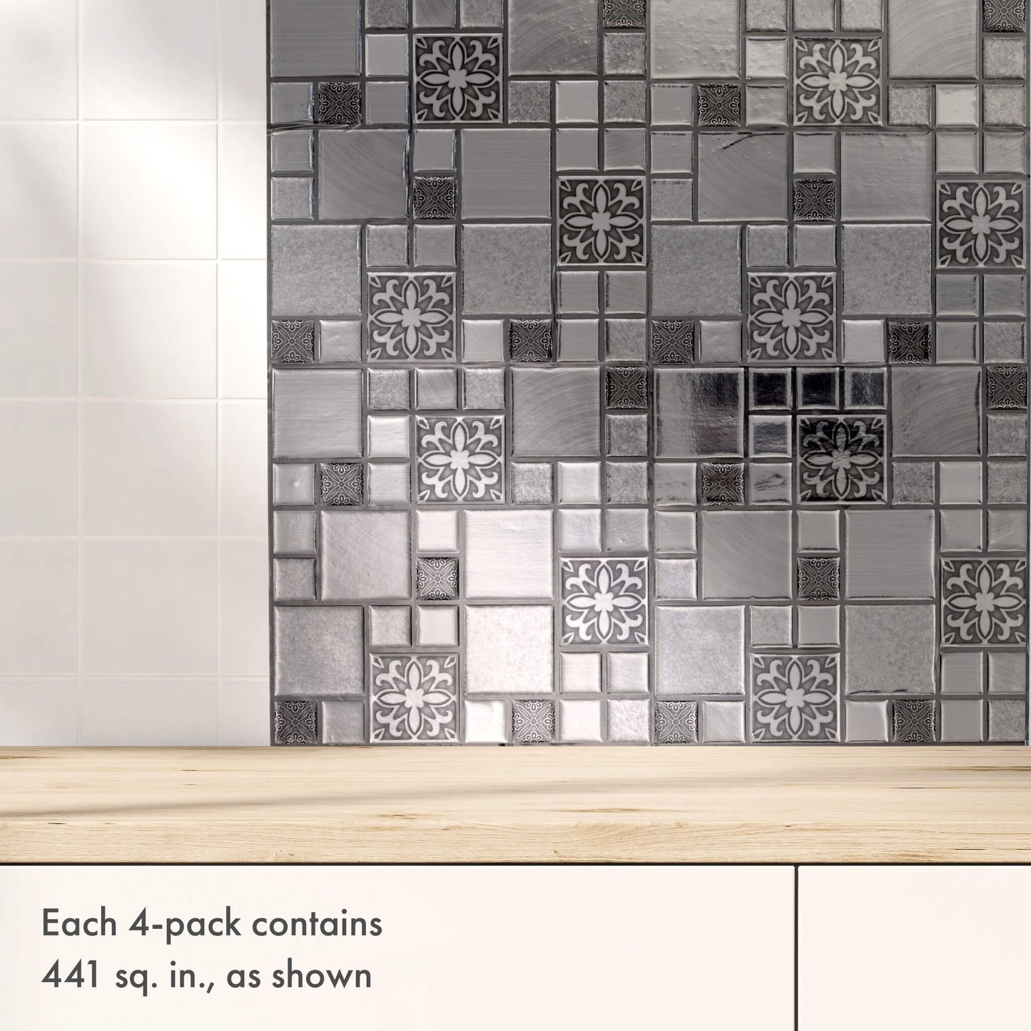 Silver Mosaic Squares – Peel and Stick Backsplash Tile 10.5x10.5" in Sculpted Metallic Finish
