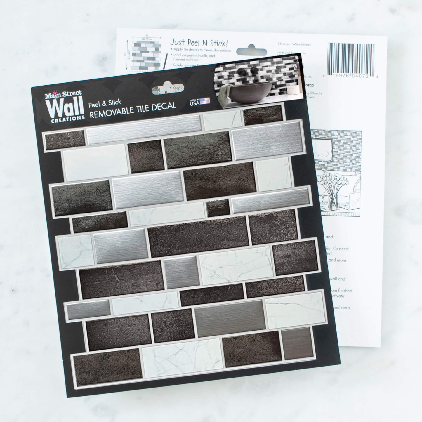 Silver and White Mosaics – Peel and Stick Wallpaper Tiles 8" x 8" in Faux Marble, Metal, and Ceramic Mosaic