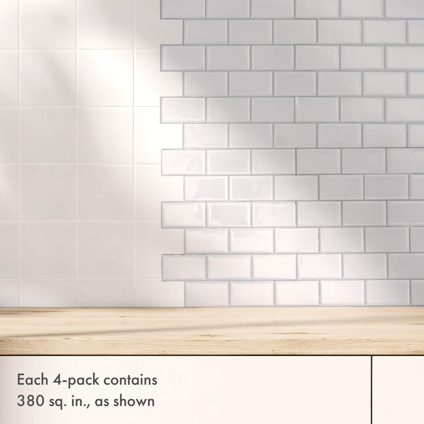 White Subway Backsplash – Peel and Stick Vinyl Tile 10x10" (4-Pack) in Sculpted Gloss Finish