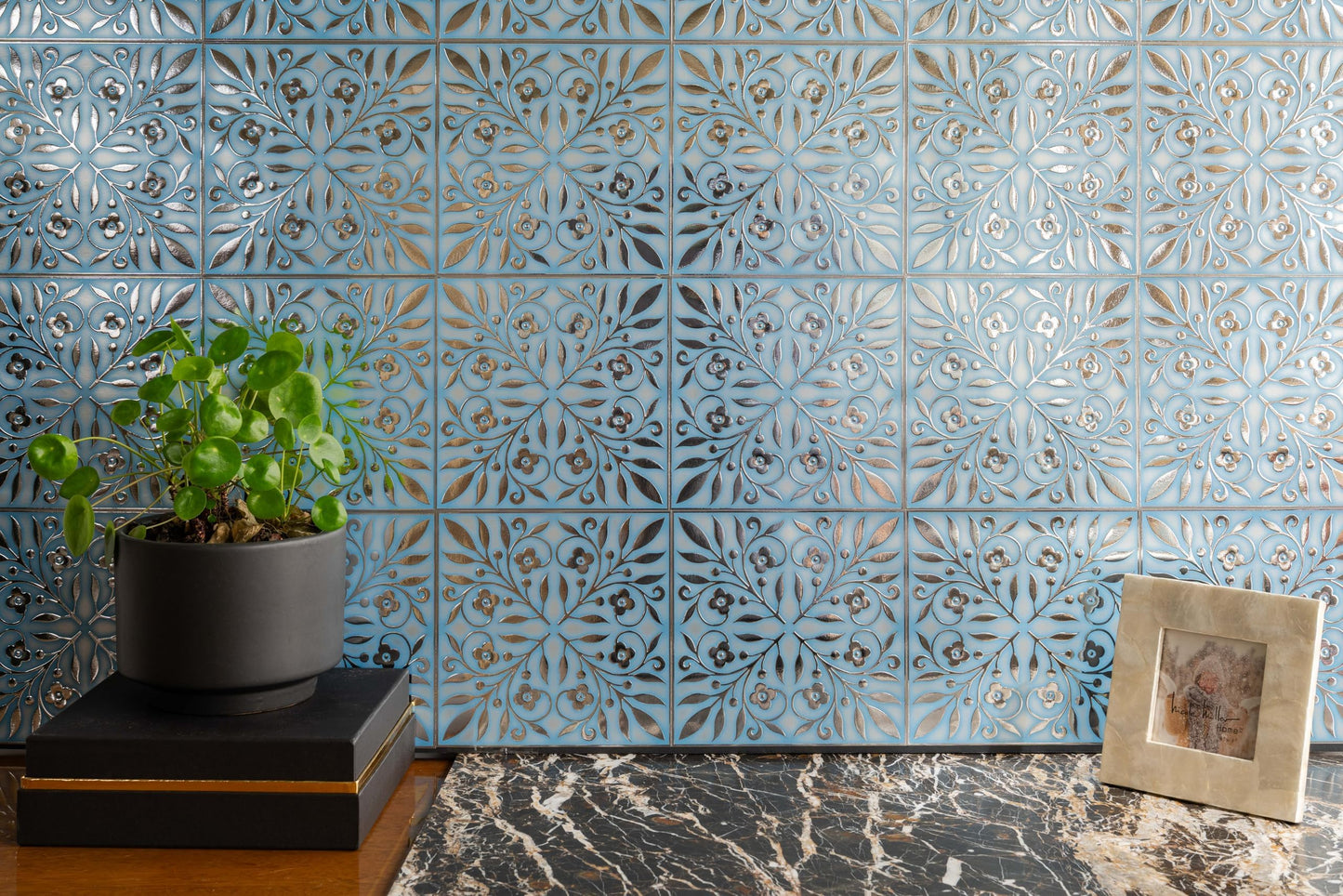 Blue and Silver Leaves Tile Decal