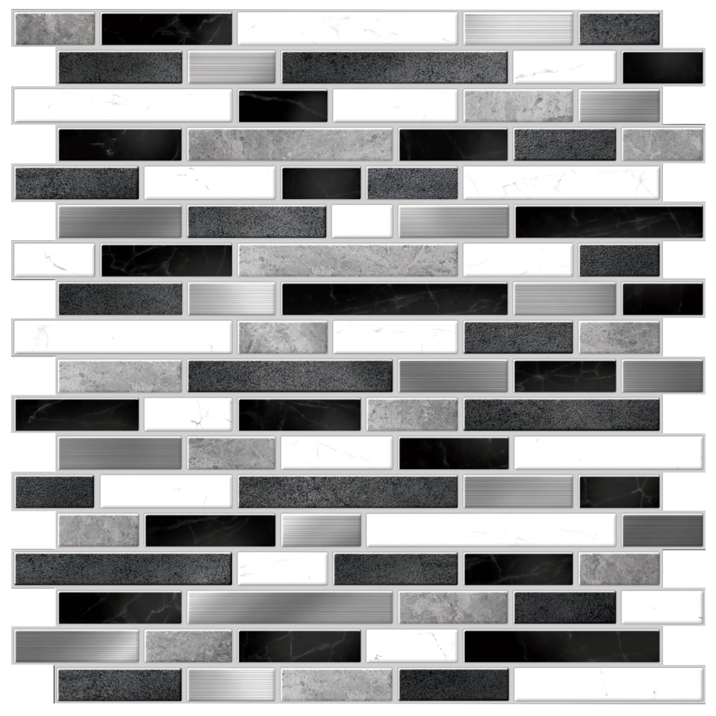 Silver and White Mosaics – Peel and Stick Wallpaper Tiles 8" x 8" in Faux Marble, Metal, and Ceramic Mosaic