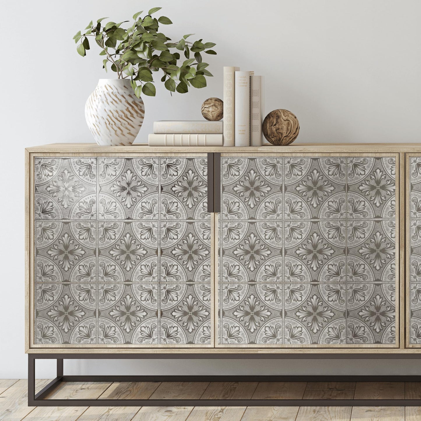 White Painted Silver Fleur Tile Decal – Removable 8x8" Peel and Stick Metallic Wall Tile for DIY & Home Decor