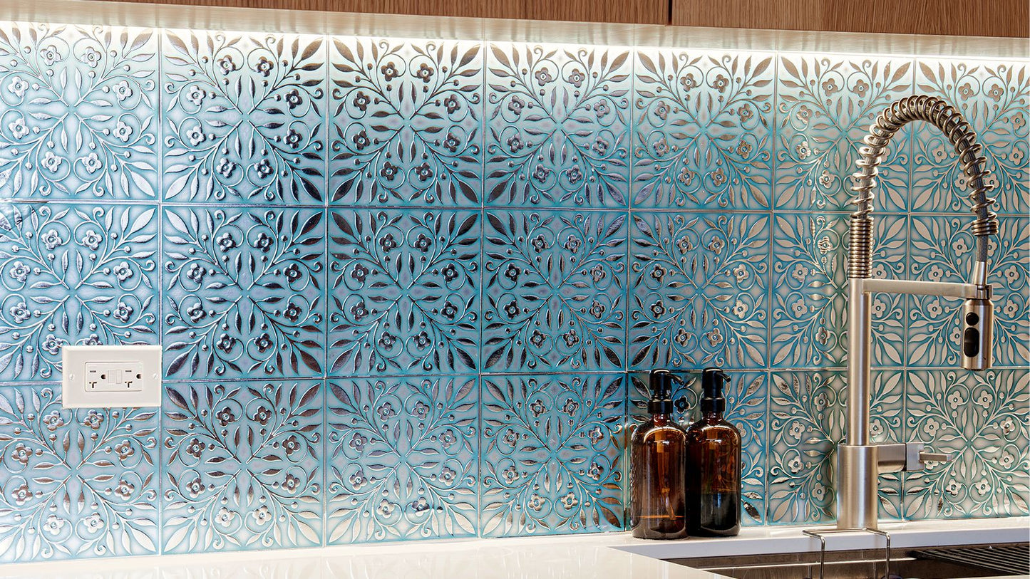 Teal and Silver Leaves Tile Decal