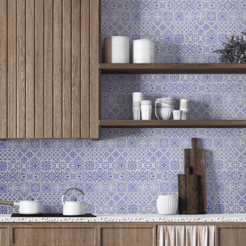 Blue Painted Stone Mosaic peel and stick tile as a kitchen backsplash with wood paneling and shelves