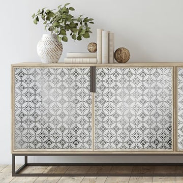 Floral Circles peel and stick wallpaper applied to the front doors of a wood sideboard — cabinet refacing DIY