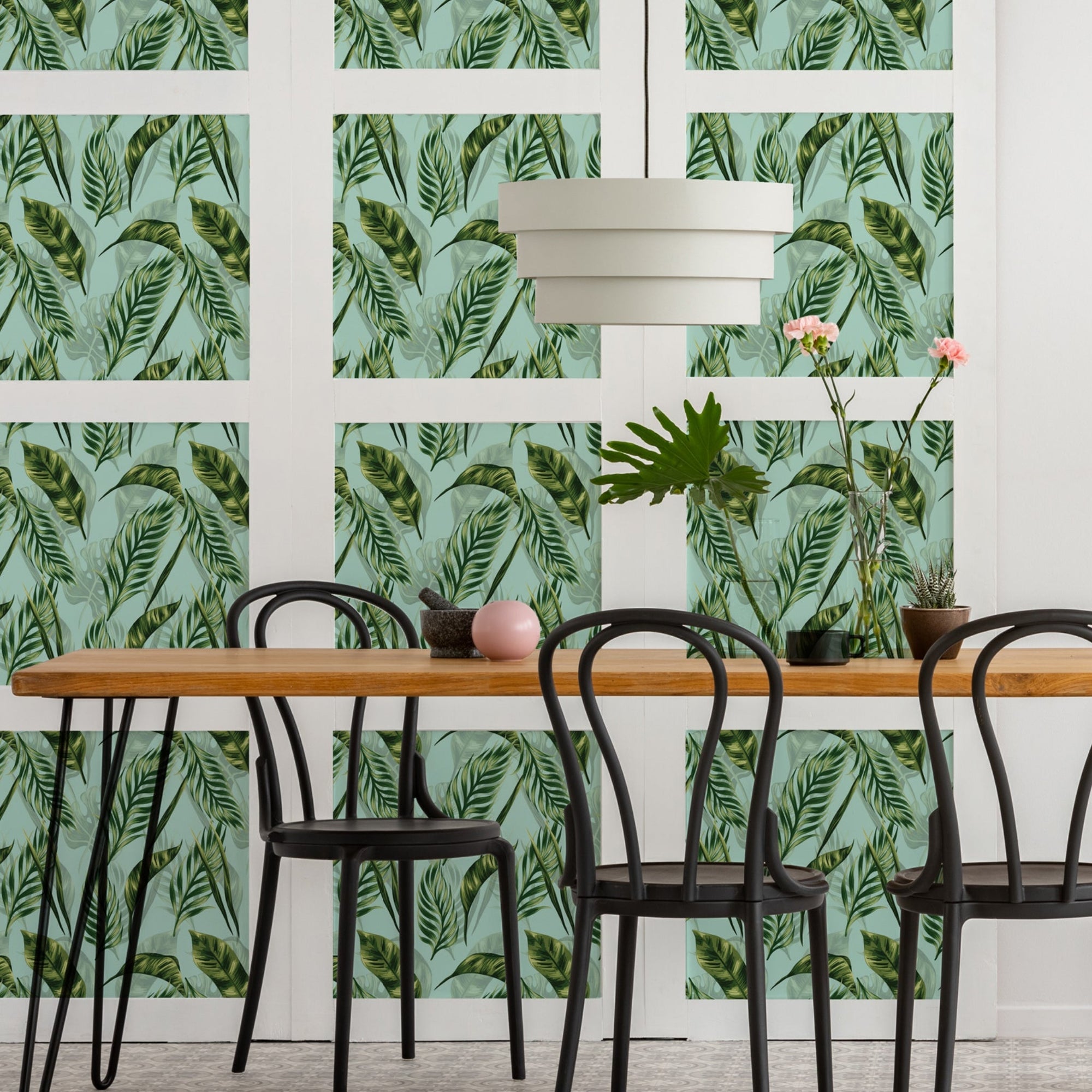 Palm Leaf peel and stick wallpaper on a dining room wall — renter-friendly install with no damage