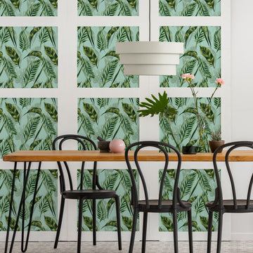 Palm Leaf peel and stick wallpaper on a dining room wall — renter-friendly install with no damage