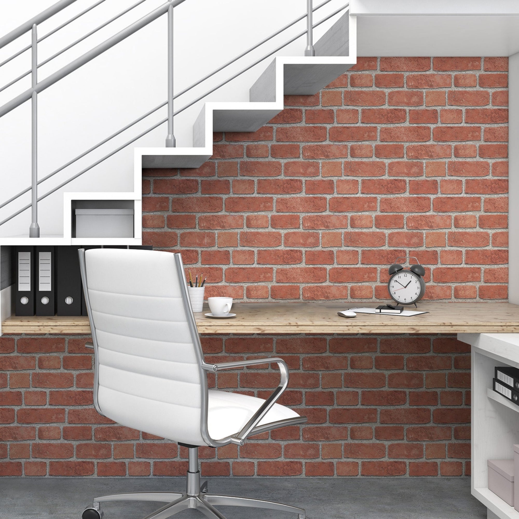 Red Bricks peel and stick wallpaper on a wall under a staircase — pattern that hides texture