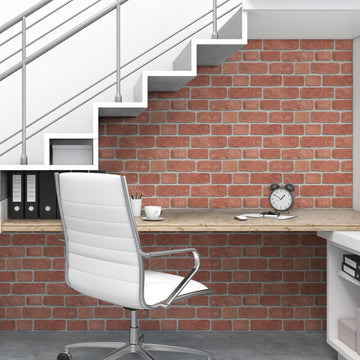 Red Bricks peel and stick wallpaper on a wall under a staircase — pattern that hides texture