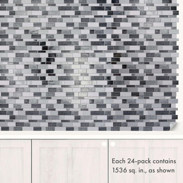 Silver and White Mosaic peel and stick tile installed as a kitchen backsplash