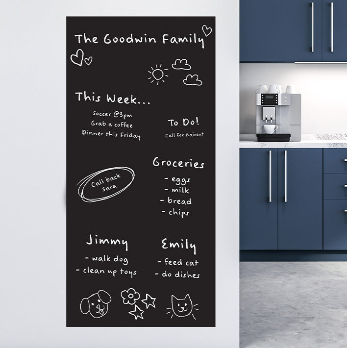 Chalkboard peel and stick wallpaper used as a family command center on a blue kitchen wall, with a weekly schedule, to-do list, and grocery list written in white chalk.