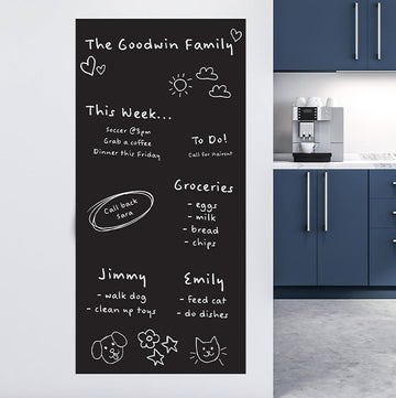 Chalkboard peel and stick wallpaper used as a family command center on a blue kitchen wall, with a weekly schedule, to-do list, and grocery list written in white chalk.