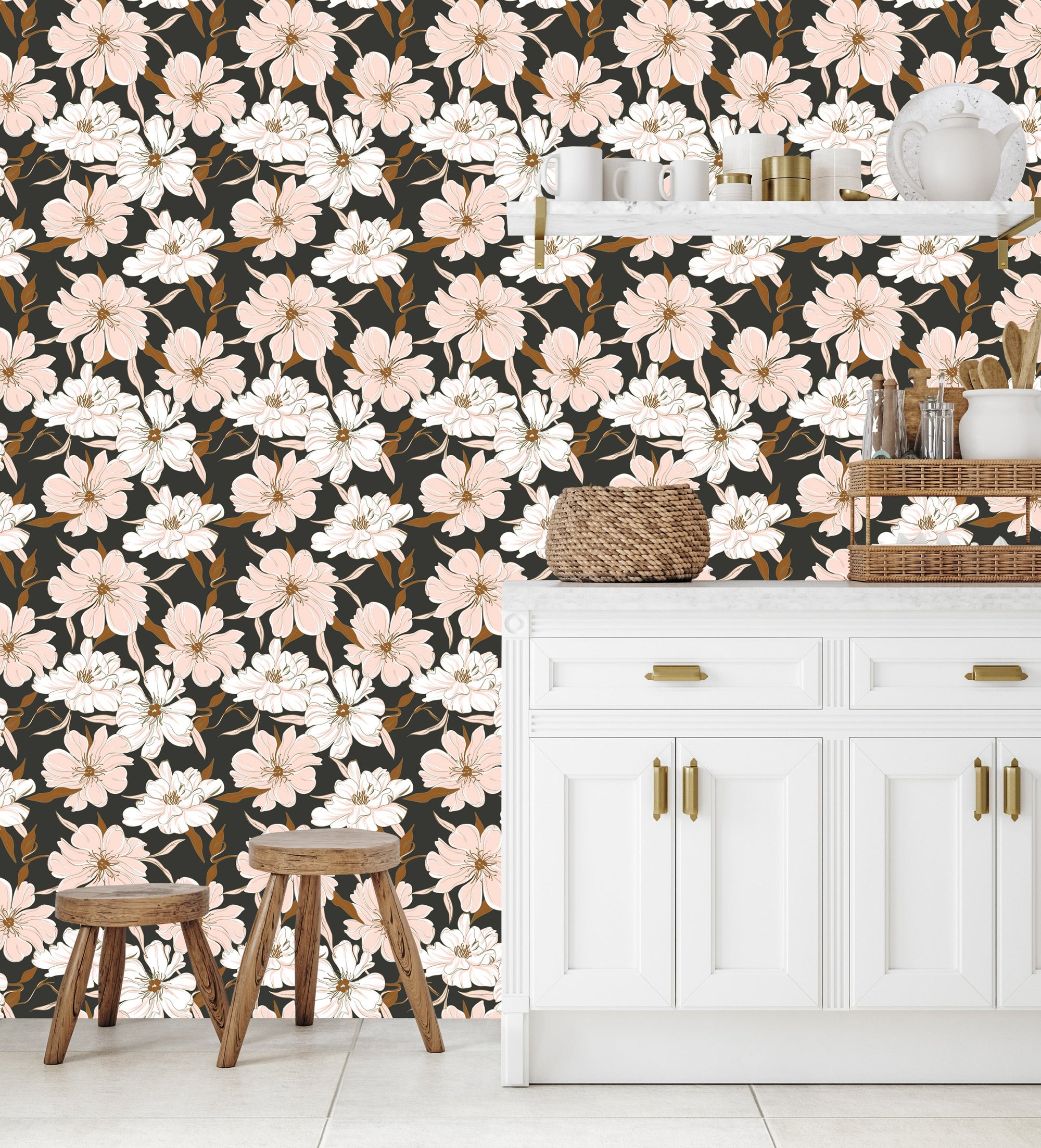 Peony Party peel and stick wallpaper on a kitchen wall — bold floral as a fresh-start refresh