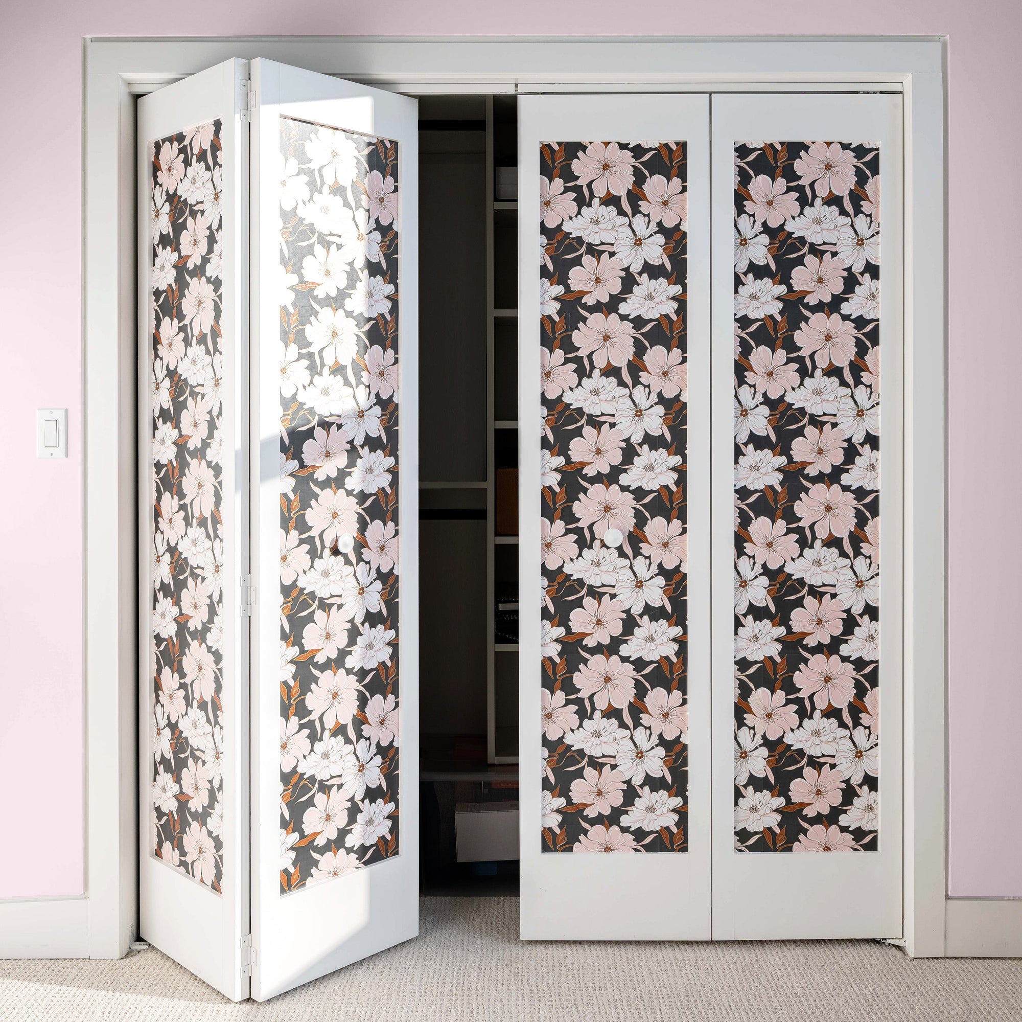Peony Party peel and stick wallpaper applied to closet doors — furniture revamp inspiration