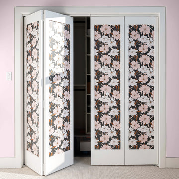 Peony Party peel and stick wallpaper applied to closet doors — furniture revamp inspiration