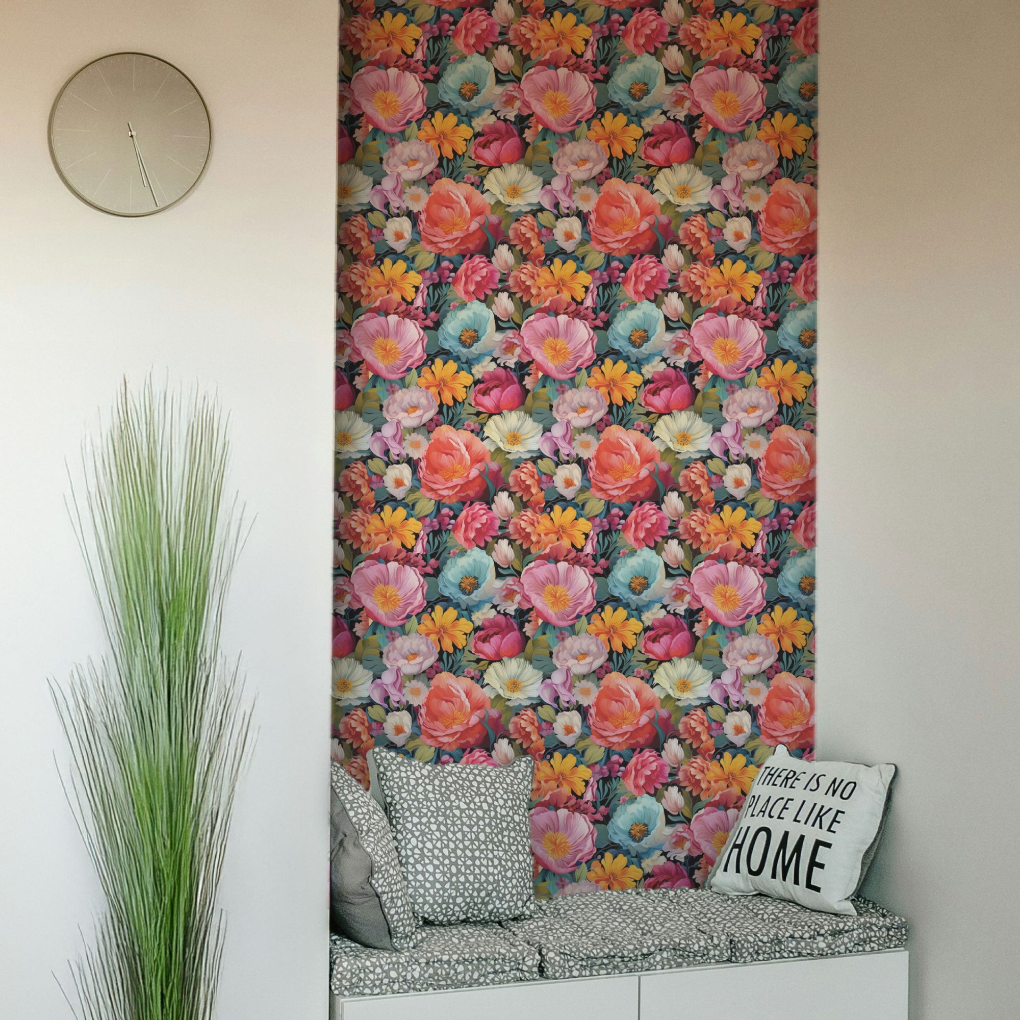 Vibrant Flowers peel and stick wallpaper sheets applied as a colorful floral accent panel above a cozy reading bench with pillows