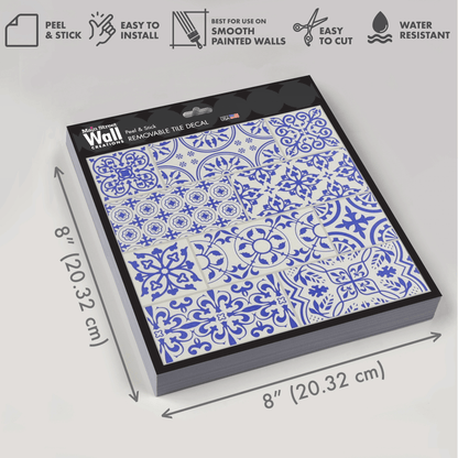 Blue Painted Stone Mosaic Peel and Stick Tile – Removable 8x8" Wallpaper Accent for DIY & Home Decor