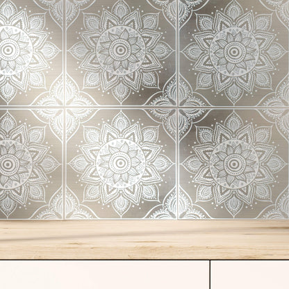 White Mandala – Peel and Stick Wall Tile 8x8" in Metallic Aluminum Finish