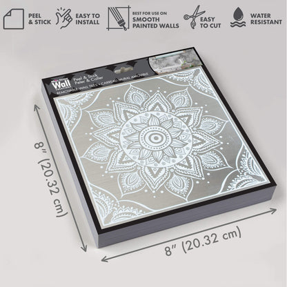 White Mandala – Peel and Stick Wall Tile 8x8" in Metallic Aluminum Finish