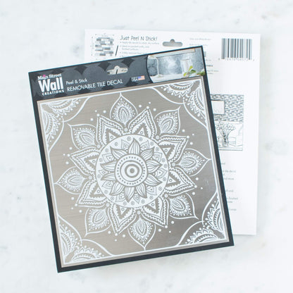 White Mandala – Peel and Stick Wall Tile 8x8" in Metallic Aluminum Finish