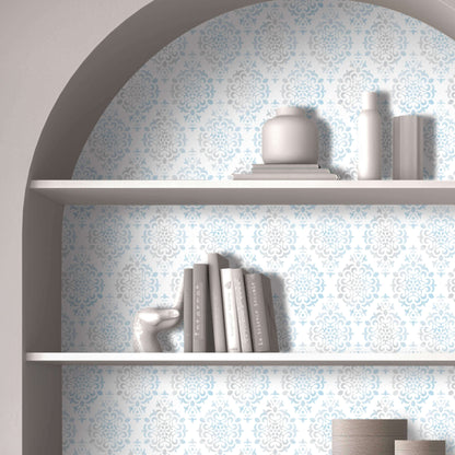 Blue Damask – Peel and Stick Wallpaper Roll 20.5" x 16 ft in Powder Blue and Taupe Damask Print