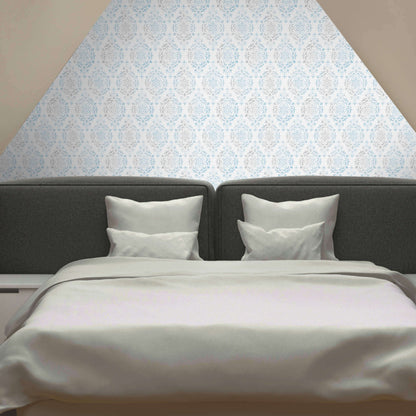 Blue Damask – Peel and Stick Wallpaper Roll 20.5" x 16 ft in Powder Blue and Taupe Damask Print
