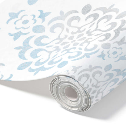 Blue Damask – Peel and Stick Wallpaper Roll 20.5" x 16 ft in Powder Blue and Taupe Damask Print