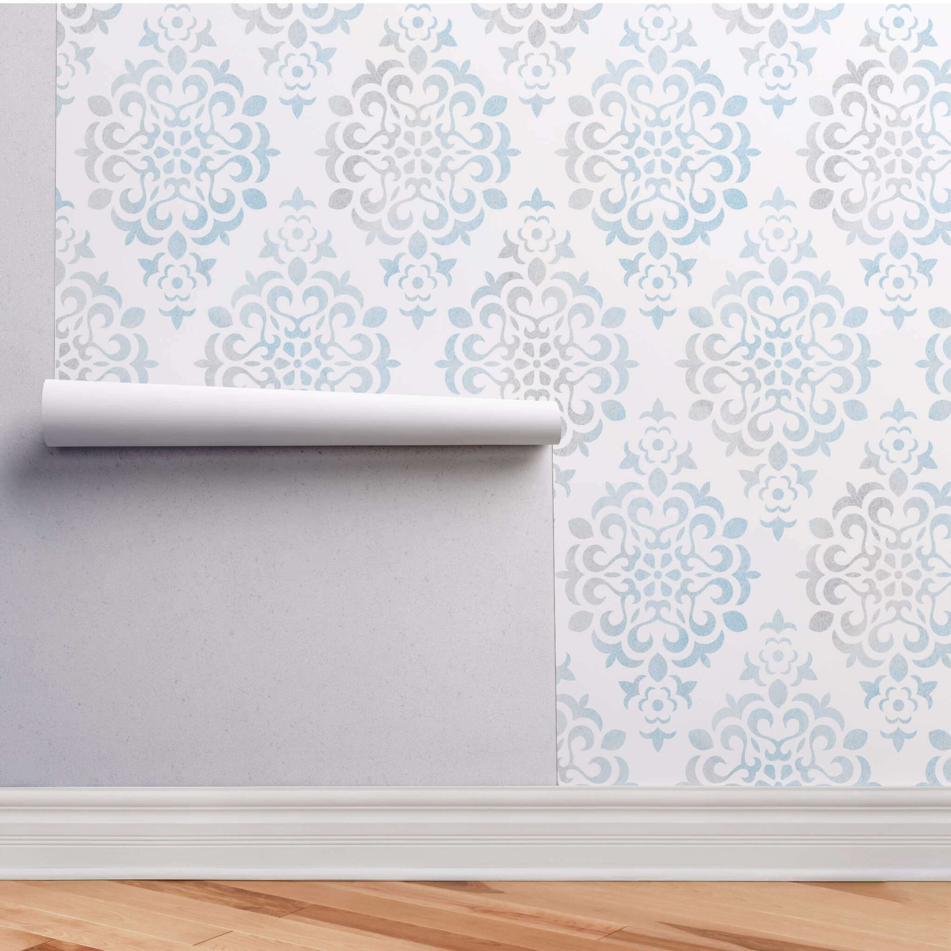 Blue Damask – Peel and Stick Wallpaper Roll 20.5" x 16 ft in Powder Blue and Taupe Damask Print