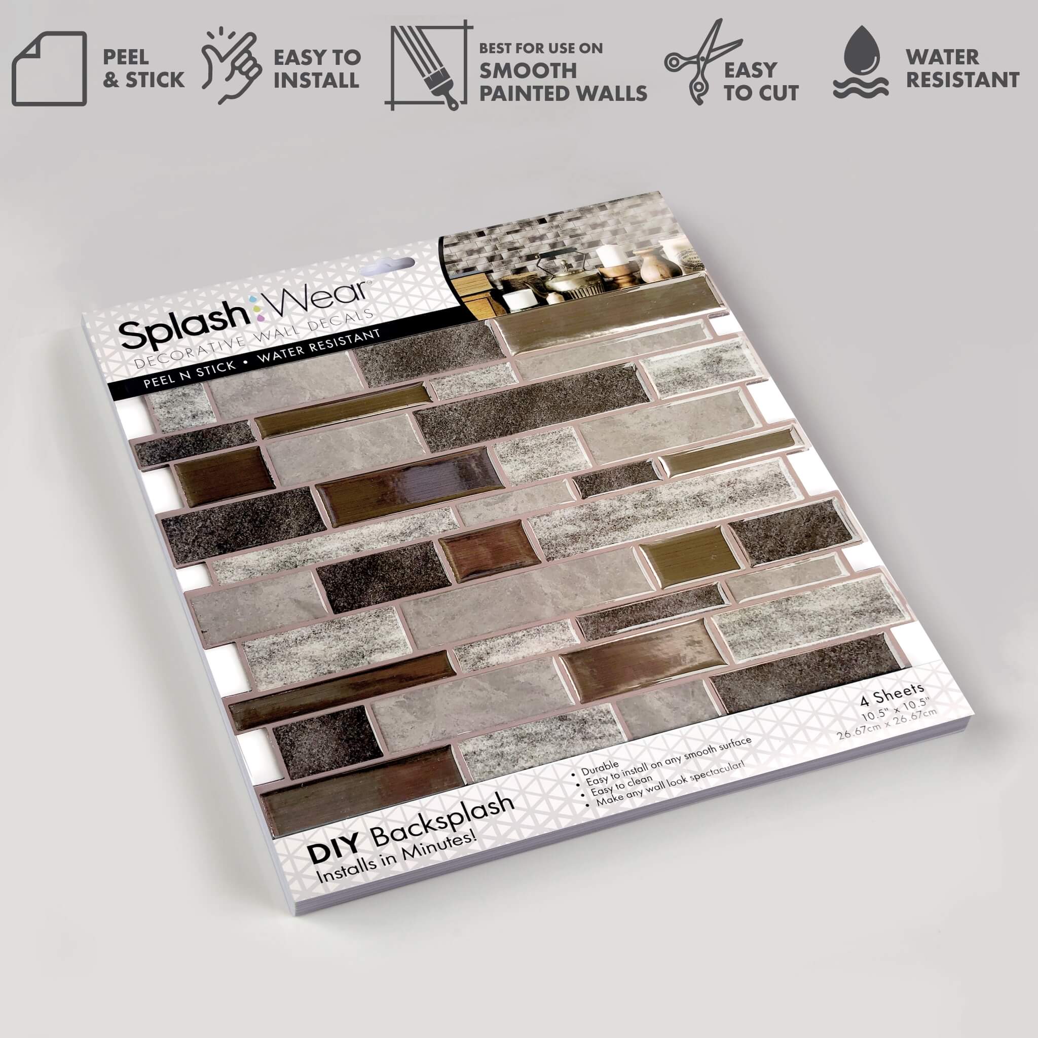 Earth Grey Mosaic Peel and Stick Backsplash Tile - 4 Pack or 8 Pack