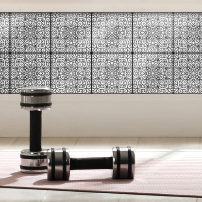 Silver Inked Garden – Peel and Stick Wall Tile Decal 8x8" in Metallic Black Floral Design