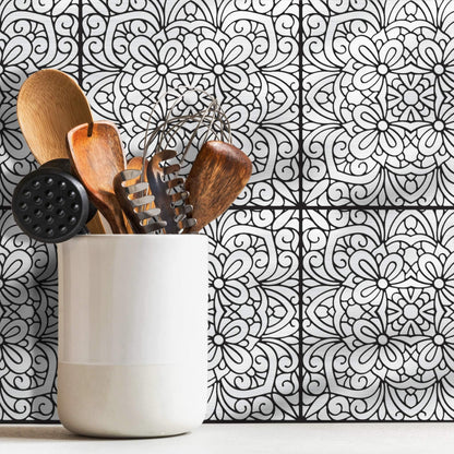 Silver Inked Garden – Peel and Stick Wall Tile Decal 8x8" in Metallic Black Floral Design