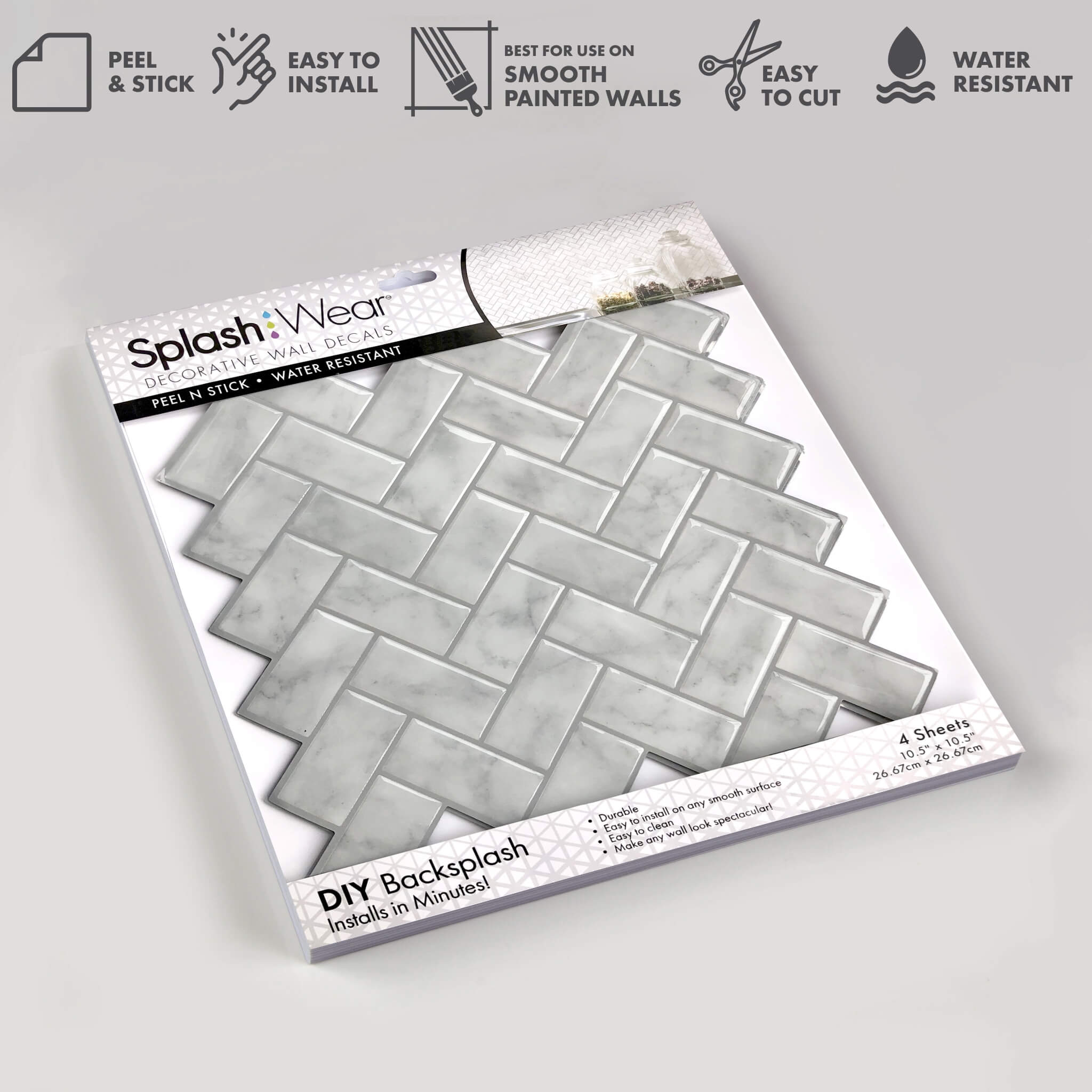Marble Herringbone Peel and Stick Backsplash Tile - 4 Pack or 8 Pack