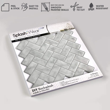 Marble Herringbone – Peel and Stick Backsplash Tile 10x10" in Sculpted Faux Marble Finish