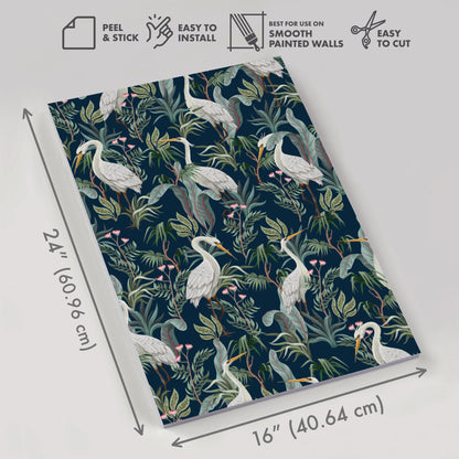 No Egrets – Peel and Stick Wallpaper Panel 16 x 24" in Navy with Birds and Botanicals