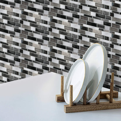 Silver and Black Mosaic – Peel and Stick Backsplash Tile 10.5x10.5" in Sculpted Metallic Finish