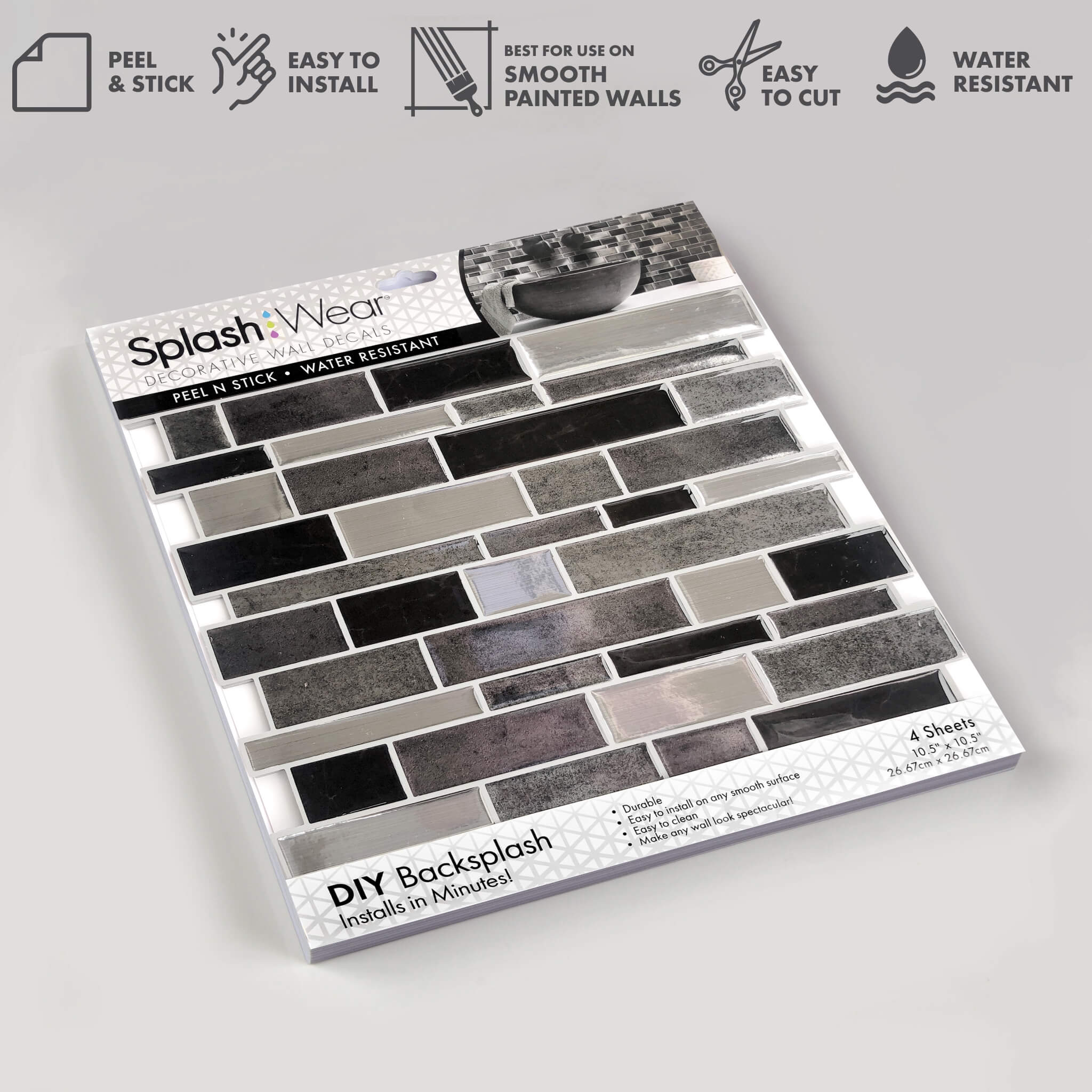 Silver and Black Mosaic Peel and Stick Backsplash Tile - 4 Pack or 8 Pack