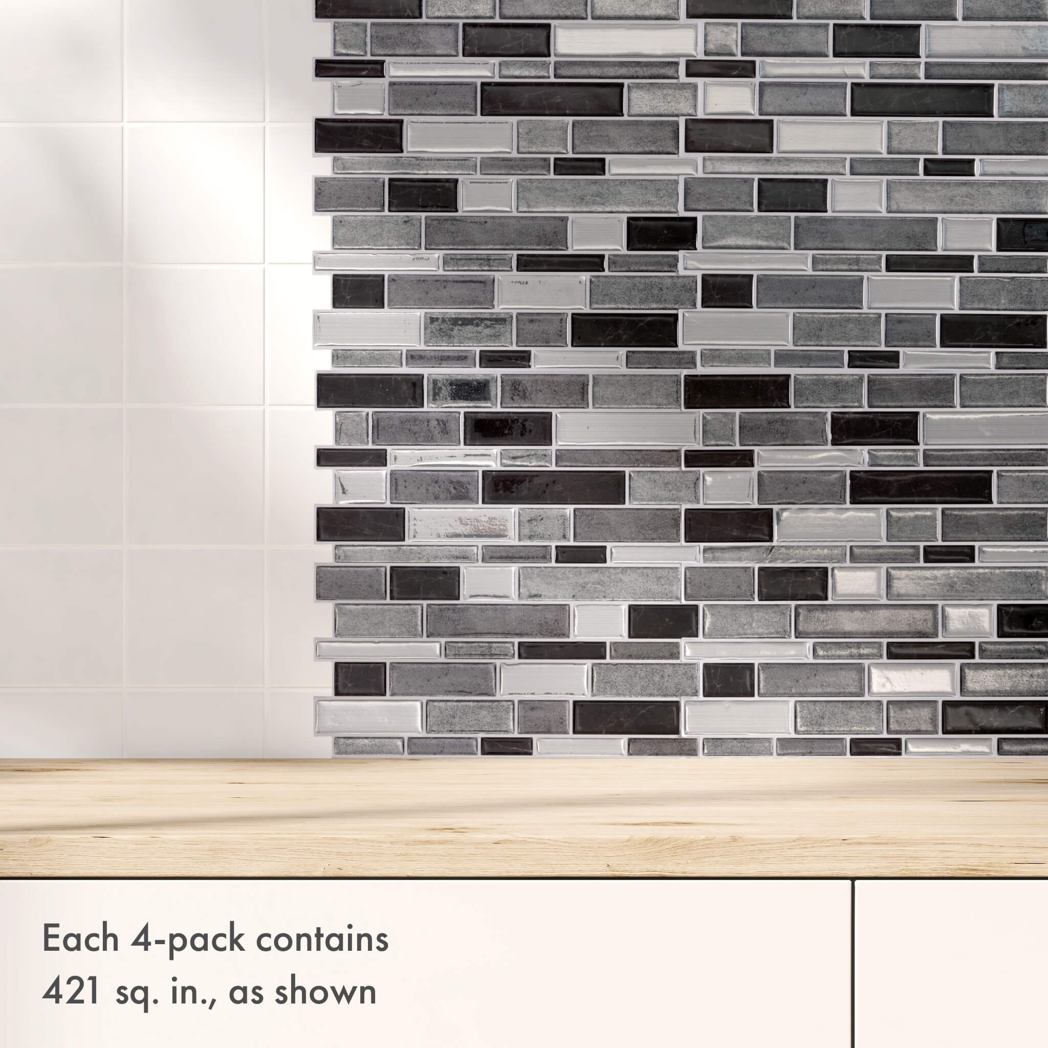 Silver and Black Mosaic Peel and Stick Backsplash Tile - 4 Pack or 8 Pack