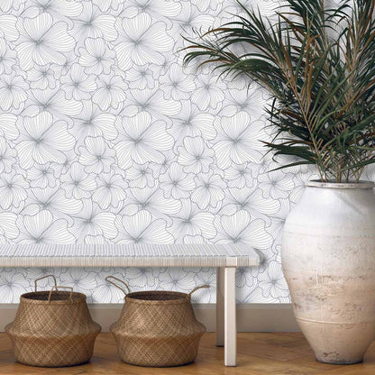 Silver Flowers – Peel and Stick Wallpaper Roll 20.5" x 16 ft in Metallic Floral Print