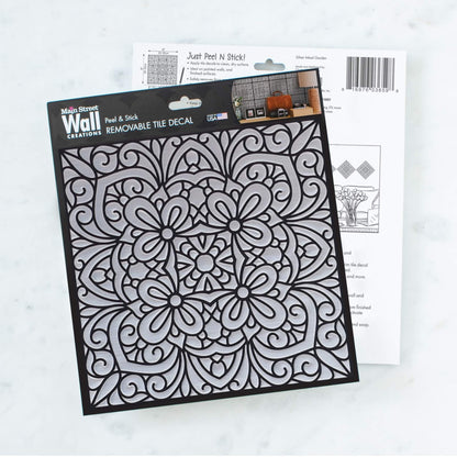 Silver Inked Garden – Peel and Stick Wall Tile Decal 8x8" in Metallic Black Floral Design
