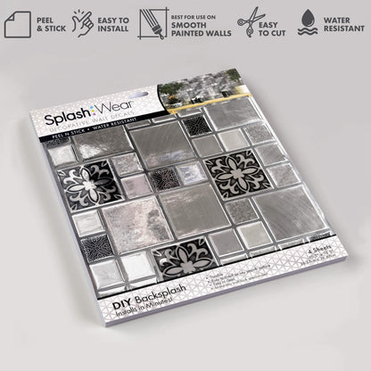 Silver Mosaic Squares – Peel and Stick Backsplash Tile 10.5x10.5" in Sculpted Metallic Finish