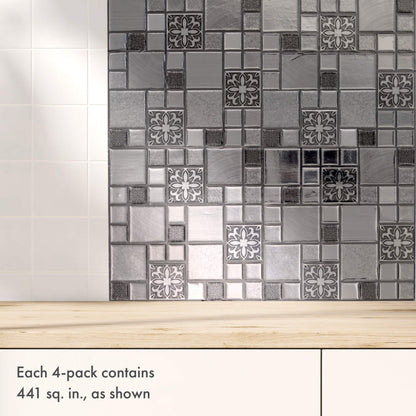 Silver Mosaic Squares – Peel and Stick Backsplash Tile 10.5x10.5" in Sculpted Metallic Finish