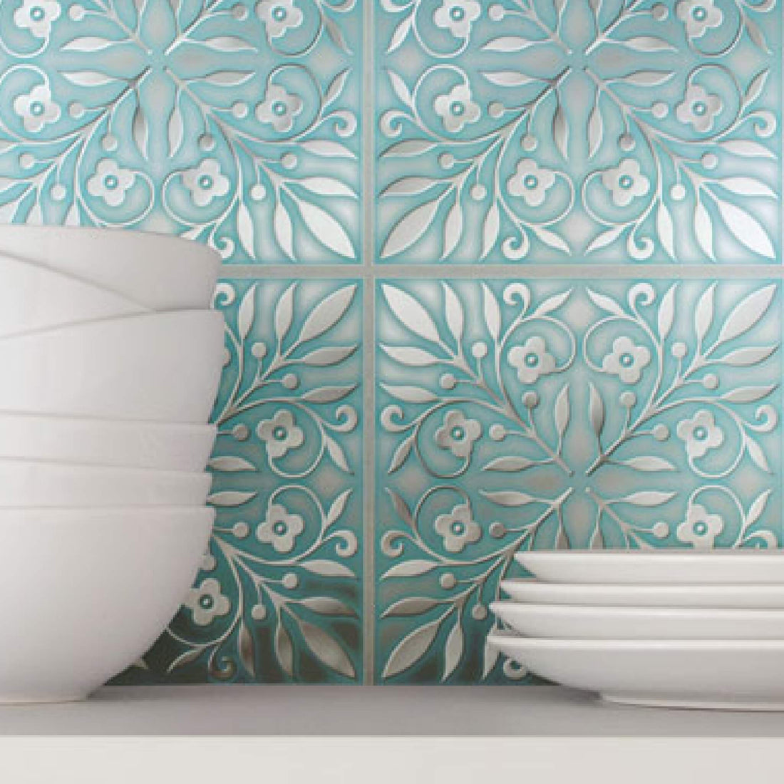Teal and Silver Leaves Peel and Stick Wallpaper Tile - 24 Pack