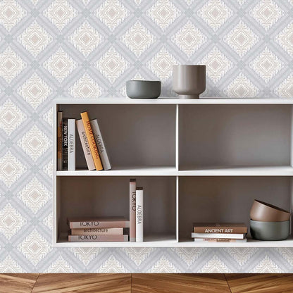 Tribal Squares – Peel and Stick Wallpaper Roll 20.5" x 16 ft in Blue and Tan Diamond Pattern