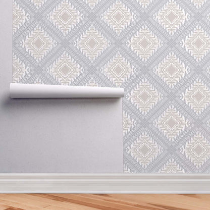 Tribal Squares – Peel and Stick Wallpaper Roll 20.5" x 16 ft in Blue and Tan Diamond Pattern